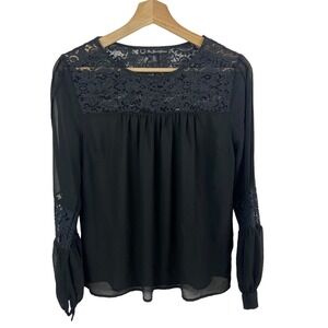 For Love & Lemons Blouse Popover Shirt‎ top silk lace long sleeve small black